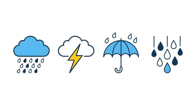 Weather Icons Set with Rain Cloud, Thunderstorm Lightning, Umbrella and Raindrops in Blue
