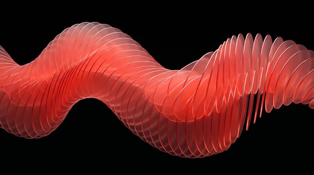 Abstract red translucent discs form a fluid wave against a dark background design.