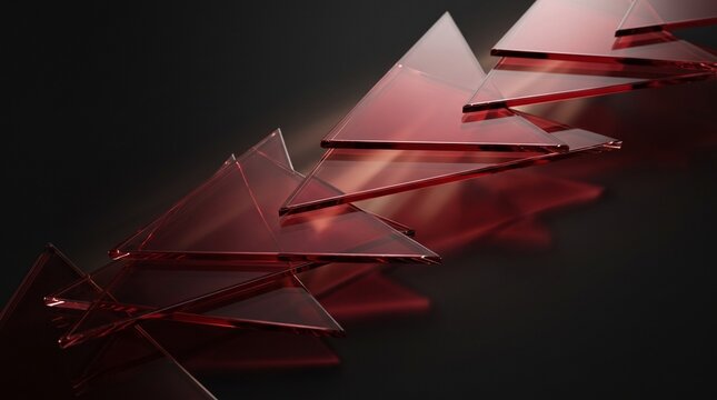 Abstract red glass triangles floating in dark space creating a modern technology background.