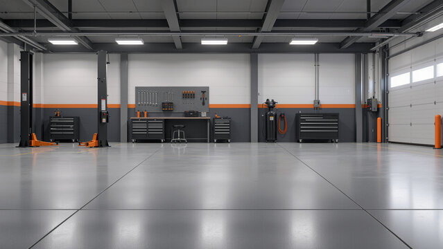 Organized factory workshop with workbenches, tool cabinets, steel roof beams and yellow floor markings, showing industrial maintenance workspace, equipment storage and practical manufacturing layout.