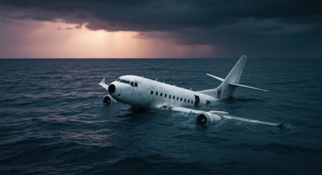 A wrecked airplane partially submerged in a stormy ocean at sunset, waves lapping against its fuselage
