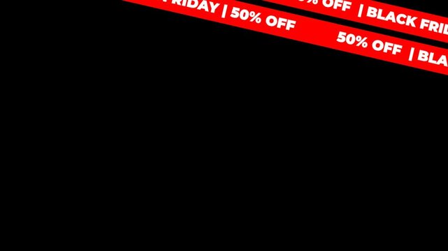 Red ribbons with BLACK FRIDAY 50% OFF text displayed diagonally on a black background