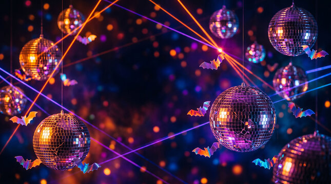 Halloween disco party background with hanging mirror balls and iridescent bats. Neon laser lights and colorful bokeh for spooky celebration, dance club event, and festive invitation backdrop.