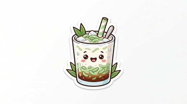 Cute kawaii es dawet Indonesian iced dessert drink character with green pandan jelly, coconut milk and palm sugar in glass with straw, cartoon sticker style vector illustration