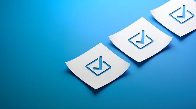 Checklist paper notes with blue checkmarks on blue background