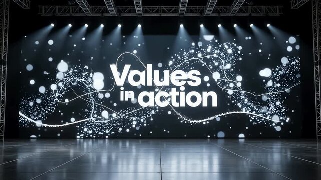 Corporate event stage with large digital screen displaying bokeh wave and "Values in action" text