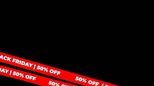 Black Friday Sale graphic with 50% off discount text on red ribbons, isolated on black, horizontal v&iacute;deo, 16x9