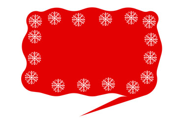 Red speech bubble with wavy border and pointed tail, decorated with white snowflakes and wide empty space for text, festive winter design for greetings and messages. © Aliona