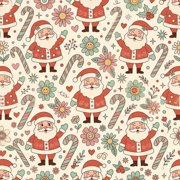 Seamless repeating retro 1970s groovy Christmas pattern with vintage Santas and candy canes