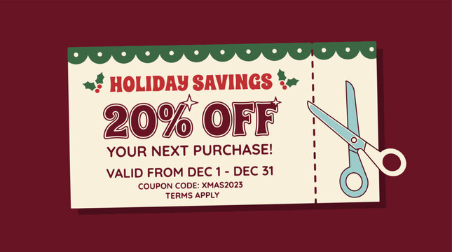 Holiday savings coupon with scissors and discount text for seasonal sale events.