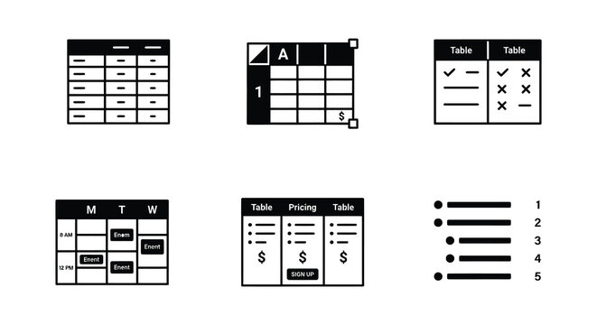 Spreadsheet table icons with cells rows and columns on a white background