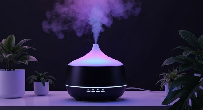 Black aromatherapy diffuser with colorful light emitting vapor amidst potted plants on a white surface