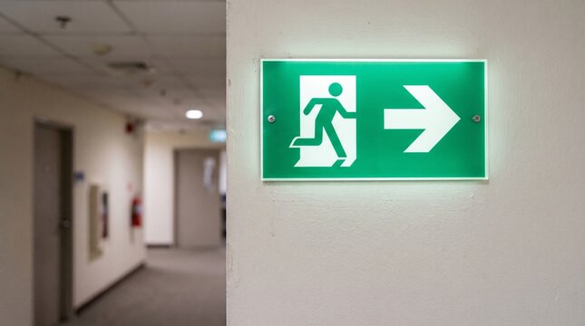 Illuminated emergency exit sign on office wall, green running man safety symbol, building evacuation sign board