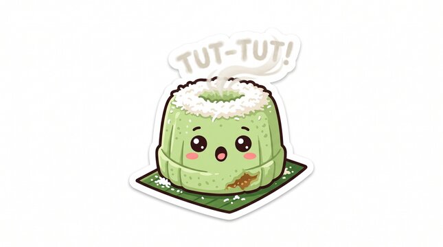 Cute kawaii kue putu Indonesian steamed green rice flour cake character with grated coconut and palm sugar on banana leaf, surprised face with steam, cartoon sticker style vector illustration isolated