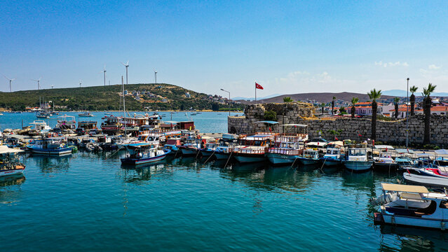 Luxury yachts and fishing boats moored at Teos Marina in Sigacik harbour, Seferihisar, Izmir, Turkey