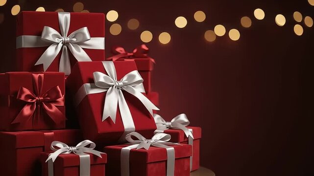Festive Stack of Christmas Gift Boxes Decorated with Elegant Silver Ribbons and Bows
