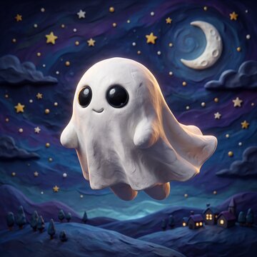Cute clay ghost flying over a night landscape with stars and moon