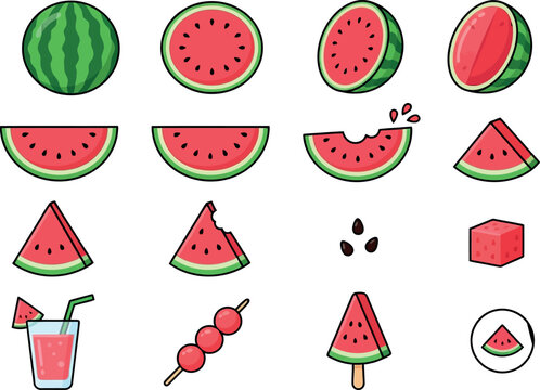Fresh Watermelon Fruit Icon Set with Slices Cubes Juice Popsicles and Seeds for Summer Food Menus Beverage Packaging and Cute Graphic Sticker Designs