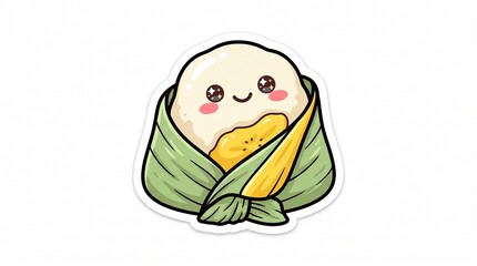 Fototapeta premium Cute kawaii nagasari Indonesian steamed rice flour cake with banana filling wrapped in banana leaf, happy sparkling eyes character, traditional snack, cartoon sticker style vector illustration isolate