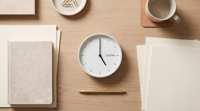 Minimalist wooden desk flat lay showing a white clock striking 500 PM with notebook, paper, and coffee cup
