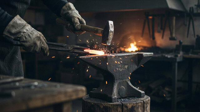 Artisan blacksmith hammering red hot metal piece on heavy anvil with blacksmith hammering workshop metalwork industry creation industrial equipment protection manufacture traditional