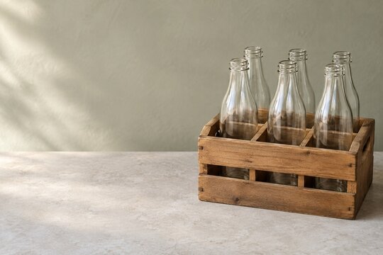 Empty glass bottles in a divided wooden return carrier with copy space