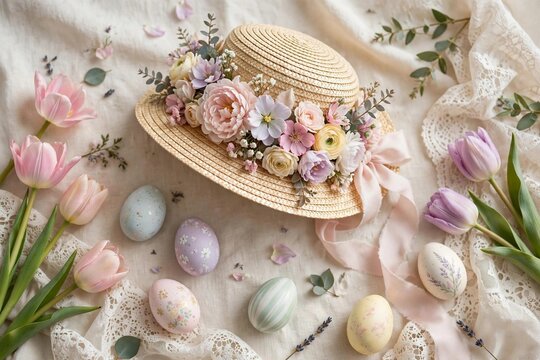 Easter bonnet hat with pastel flowers styled in a spring flatlay