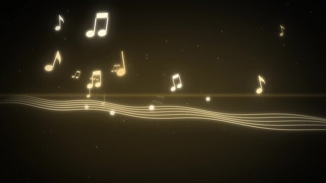 Glowing gold musical notes floating over a wavy staff seamless loop