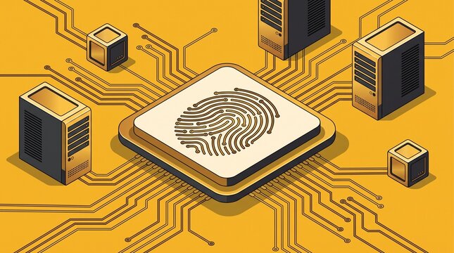 Digital processor chip featuring a fingerprint icon surrounded by computer server towers cyber security data center fingerprint processor technology biometric