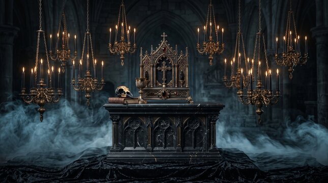 Gothic altar with a skull and candles in a dark mysterious church.