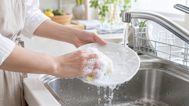 キッチンのシンクでスポンジを使って食器を洗う手元、日常の家事や食器洗いのイメージ