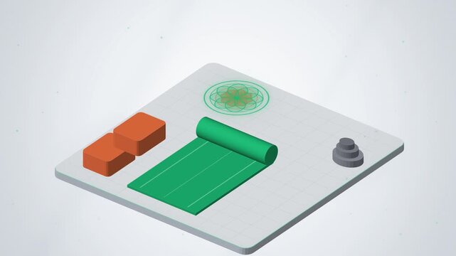 Isometric green yoga mat unrolling with breathing circle on white