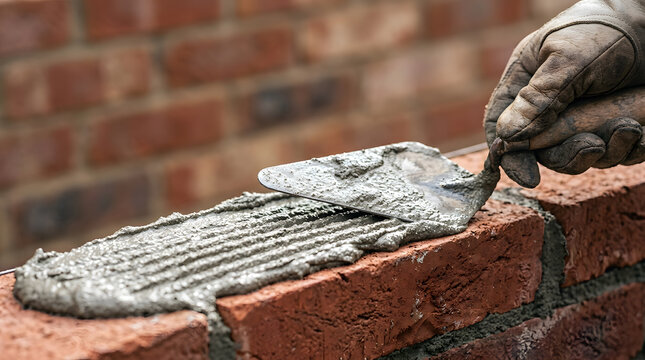 Professional bricklayer spreading wet mortar with a steel trowel on a red brick wall during a construction project, close-up shot showing skilled masonry labor work in a residential building site.