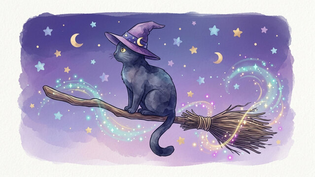 Beautiful watercolor illustration of a black cat with a witch hat sitting on a magic flying broom. Soft pastel colors, starry night background, magical glowing sparkles. Artistic, hand-drawn style, is