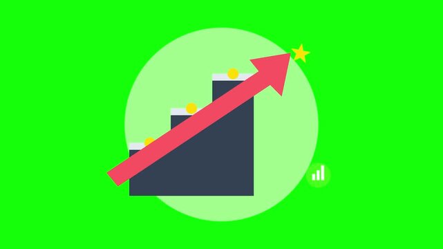 Financial growth animation with upward arrow and staged steps on green screen background, business growth