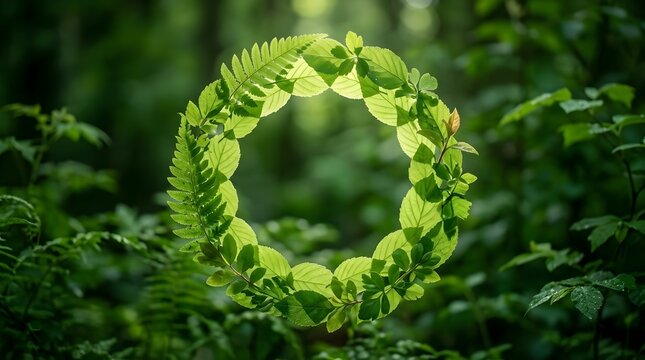 In a lush  verdant forest setting  a natural leafy circle composed of various green foliage types is highlighted by gentle light  surrounded by softly focused vegetation