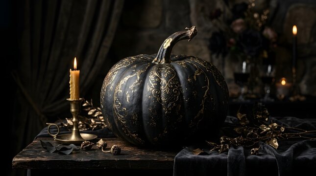 Happy halloween elegant black pumpkin with gold accents for autumn decor and festive celebrations