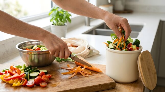 In a bright kitchen  hands are shown slicing carrots and assembling colorful vegetables into a white ceramic bowl for a healthy meal prepa n