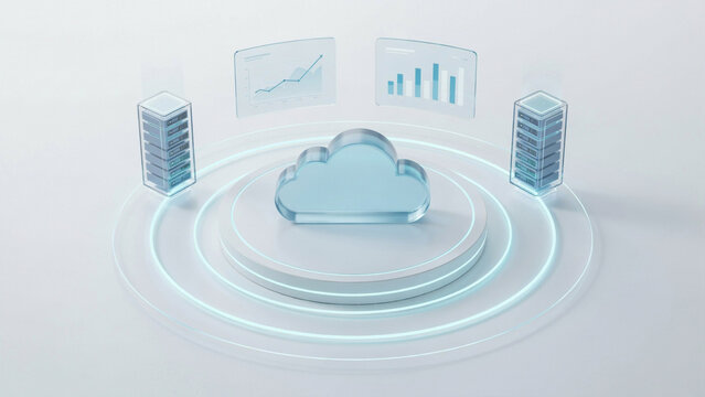Glass cloud icon floating above data platform showing analytical graphs with computing analytics business technology information internet strategy performance management dashboard statistics