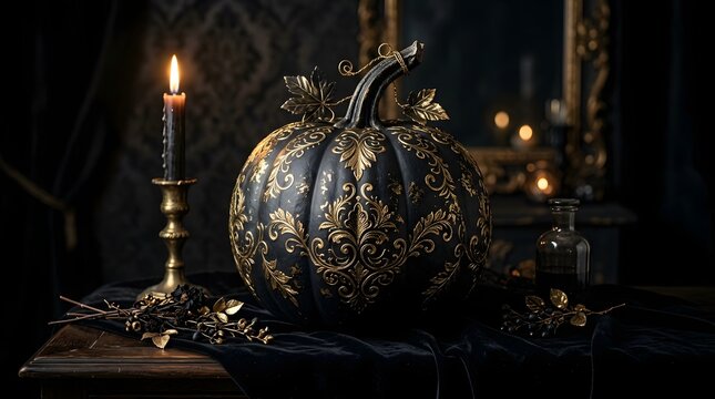 Happy halloween elegant black pumpkin with gold accents and candlelight still life