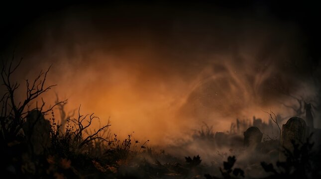 Spooky halloween night with foggy cemetery and bare trees