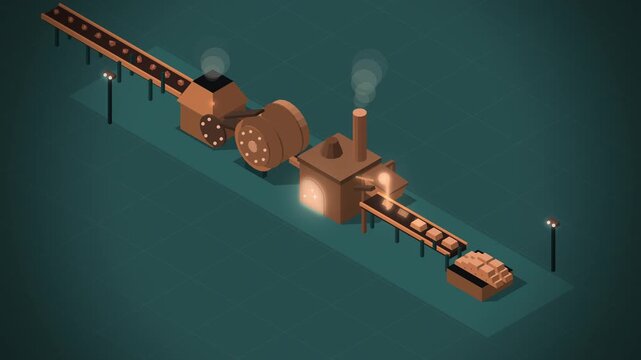 Isometric ore crusher ball mill and furnace making ingots on teal
