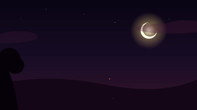 Glowing crescent moon shining brightly over dark night landscape with glowing stars and drifting clouds motion clip