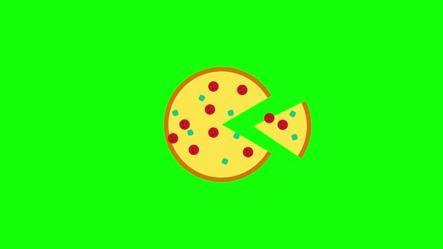 Animated pepperoni pizza slicing and assembly on green screen background, for food and, delivery promos