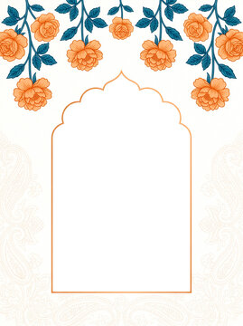 Floral invitation template with orange roses and golden arch frame