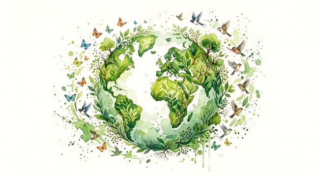 An ic depiction of planet Earth covered in lush vegetation  encircled by various birds and colorful butterflies in a watercolor style