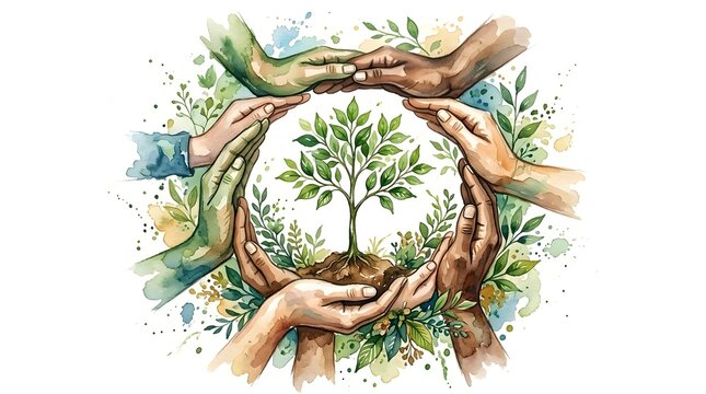 A circular arrangement of diverse human hands protects a young sapling rooted in earth  framed by ic brushstrokes and leaves