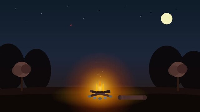Animated campfire burning brightly outdoors under nighttime starry sky with glowing full moon in vector graphic motion footage