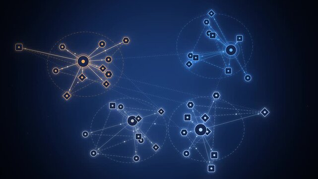 Knowledge graph with nodes and edges clustering seamless loop on navy
