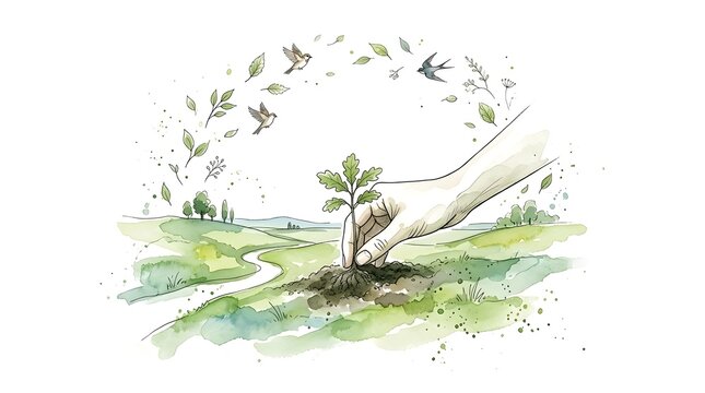 Illust n of a human hand placing a young sapling into earth  surrounded by flying birds and scattered foliage over rolling hills